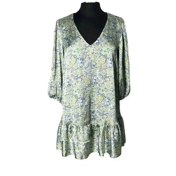 Zara Paisley Vneckline Print Multicolor 3/4 Sleeve Dress Size L - Picture 1 of 8